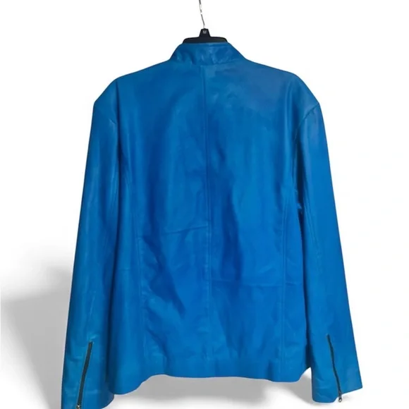 Genuine Leather Distressed Look Cafe Racer Jacket Zip Front & Sleeves Blue Large